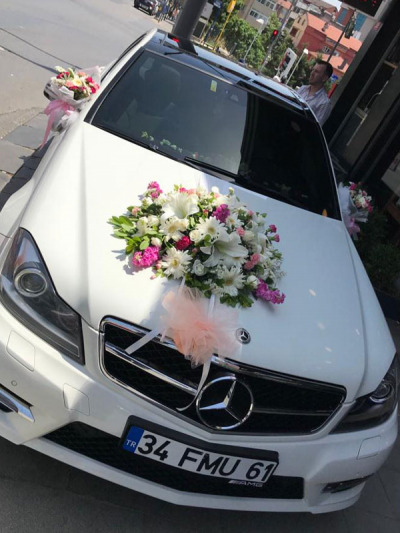 Beyaz Mercedes Gelin Araba Süslemesi -  Gelinarabalar - Açelya Çiçek
