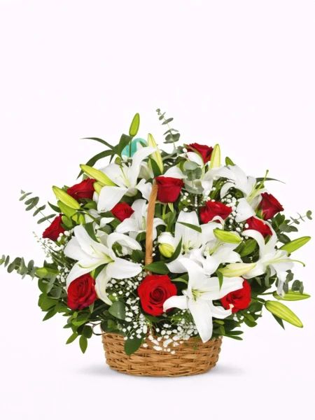 Sepette Lilyum Gül Aranjmanı -  Sepetcelenkferforje - Açelya Çiçek