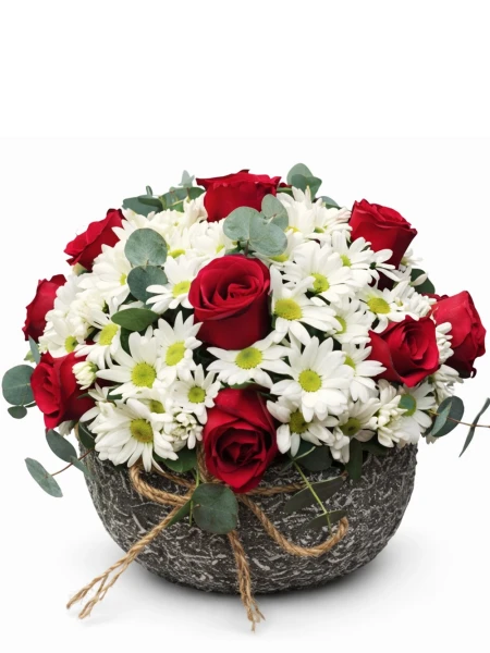 Seramikte Kırmızı Beyaz Aranjman -  Salonofisbitkileri - Açelya Çiçek