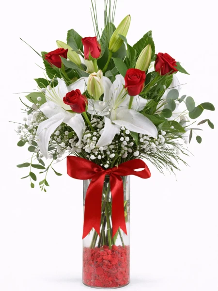 Silindir Vazoda Kırmızı Gül Beyaz Lilyum -  Salonofisbitkileri - Açelya Çiçek