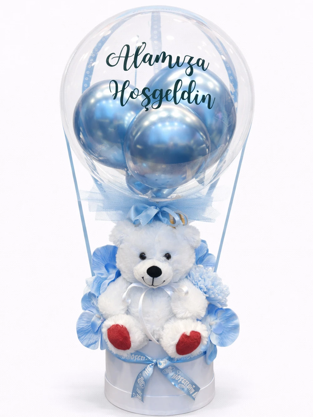 Balonlu Ayıcıklı Mavi Yapay Aranjman - salon-ofis-bitkileri - Açelya Çiçek