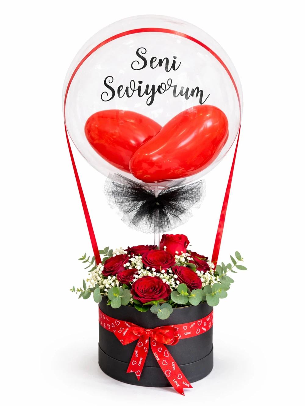 Balonlu Kutuda Kırmızı Gül - salon-ofis-bitkileri - Açelya Çiçek