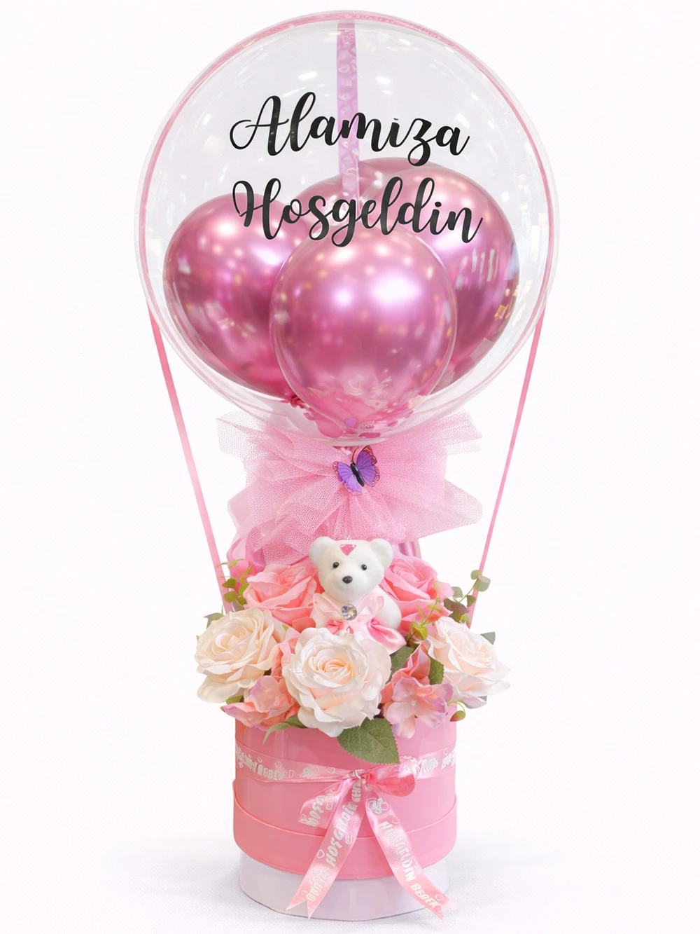 Balonlu Pembe Yapay Aranjman - salon-ofis-bitkileri - Açelya Çiçek