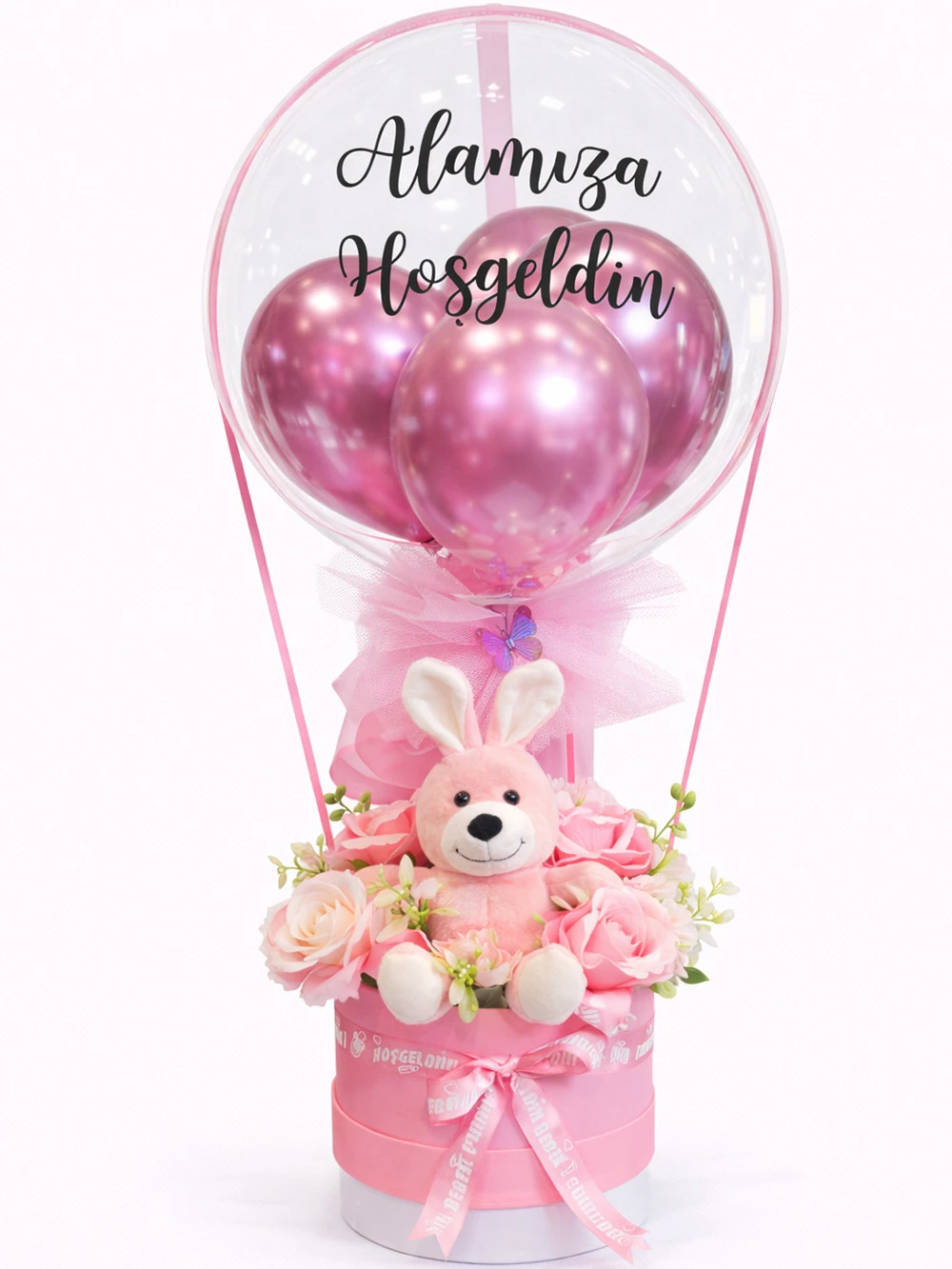 Balonlu Tavşanlı Pembe Yapay Aranjman - salon-ofis-bitkileri - Açelya Çiçek