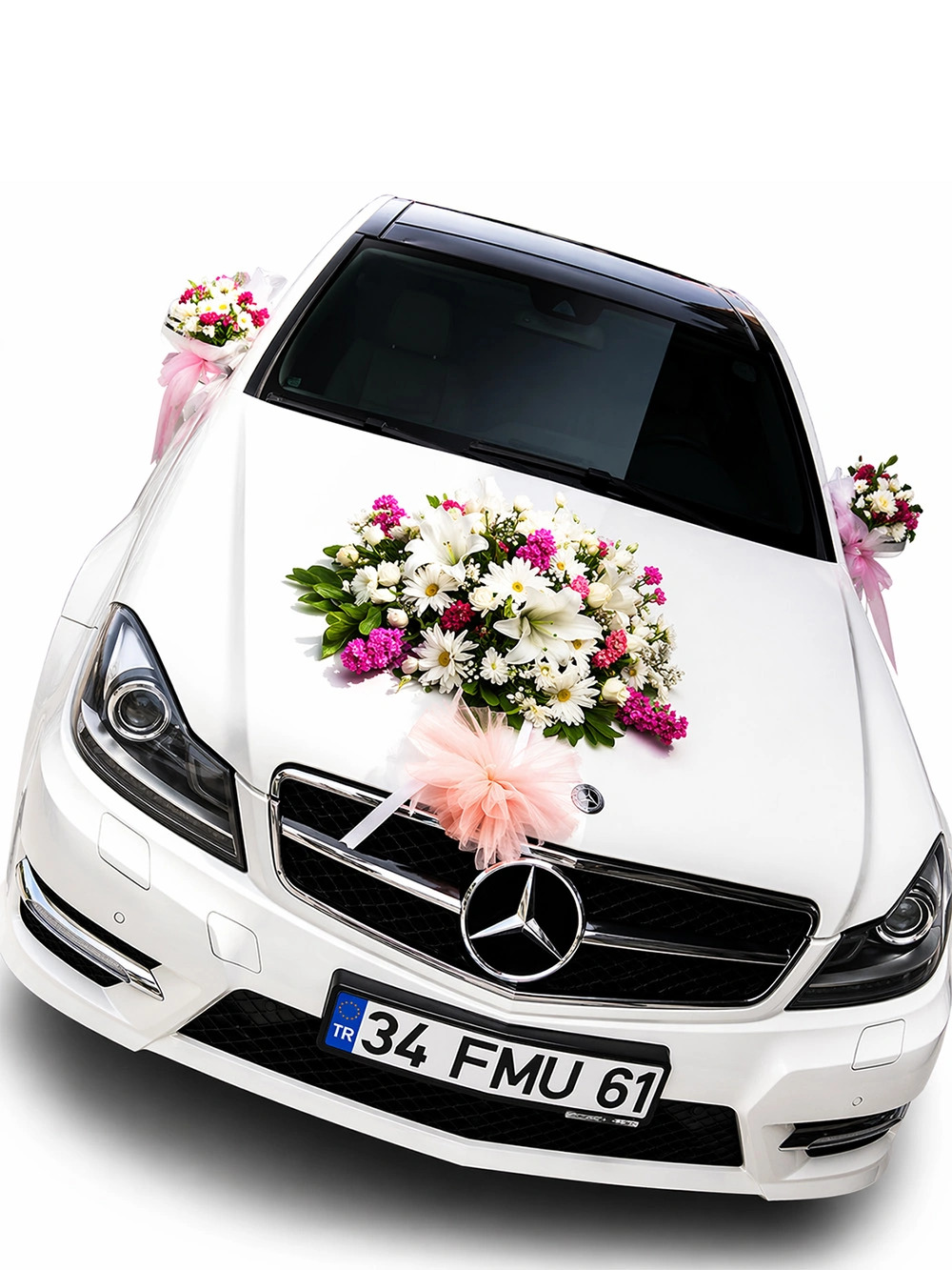 Beyaz Mercedes Gelin Araba Süslemesi - gelin-arabalar - Açelya Çiçek