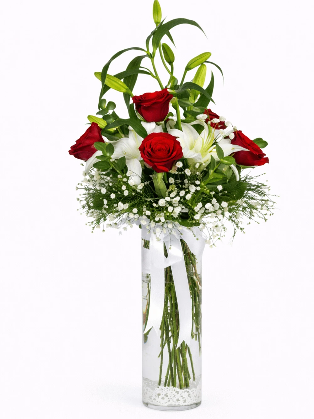 Kırmızı Gül Beyaz Lilyum Aranjmanı - salon-ofis-bitkileri - Açelya Çiçek
