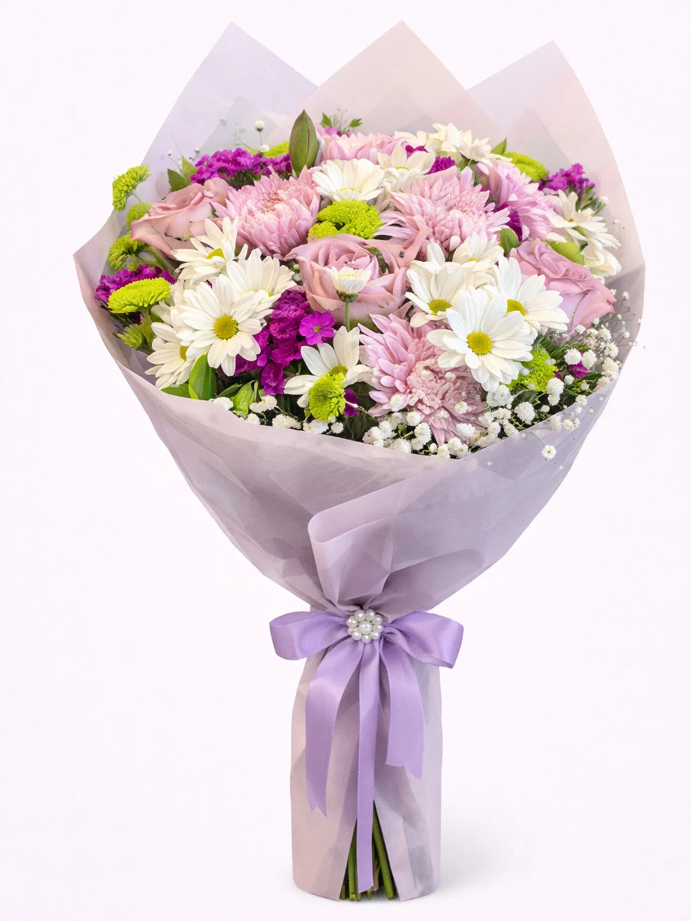 Mor Beyaz Buket - salon-ofis-bitkileri - Açelya Çiçek