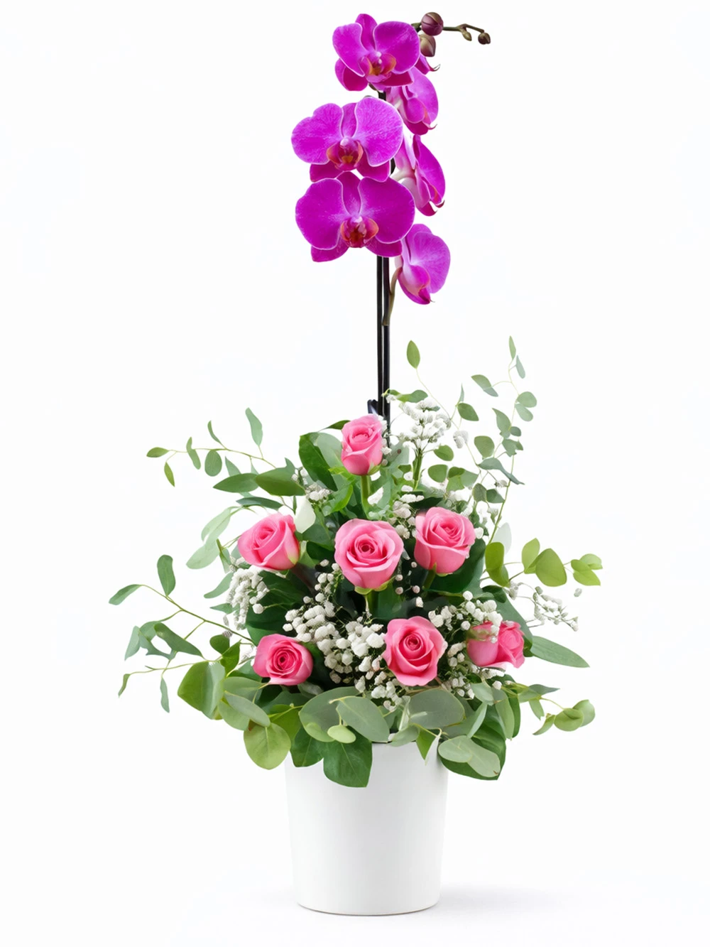 Mor Orkide Pembe Gül Aranjmanı - salon-ofis-bitkileri - Açelya Çiçek