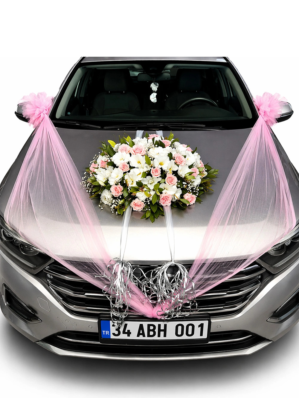 Pembe Beyaz Nişan Araç Süslemesi - gelin-arabalar - Açelya Çiçek
