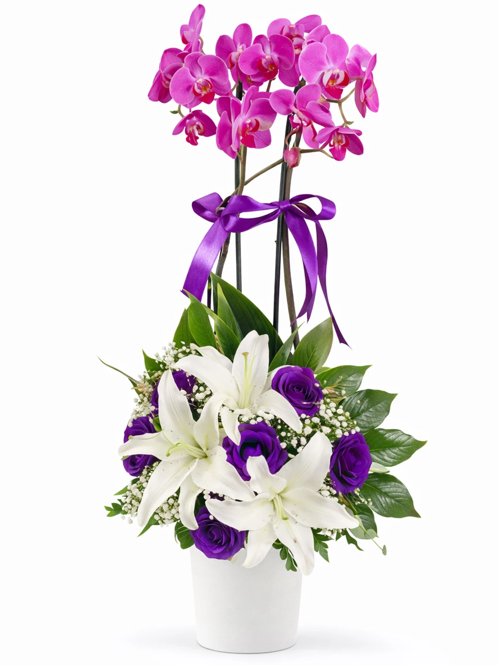 Pembe Orkide Mor Beyaz Aranjman - salon-ofis-bitkileri - Açelya Çiçek
