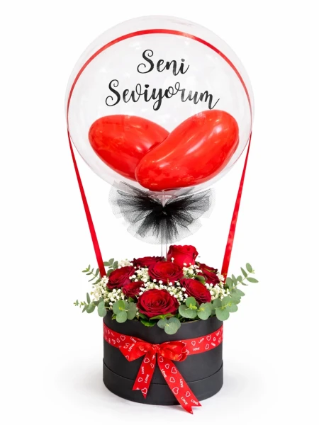 Balonlu Kutuda Kırmızı Gül
