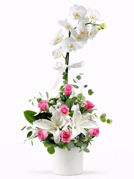 Beyaz Orkide Pembe Gül Aranjmanı